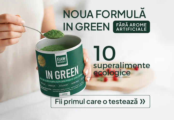 NOUA FORMULĂ IN GREEN  10 Superalimente ECO Aceeași eficiență antibalonare, acum cu Armurariu pentru protecția ficatului și cupă dozatoare inclusă Fără arome artificiale Fii primul care o testează