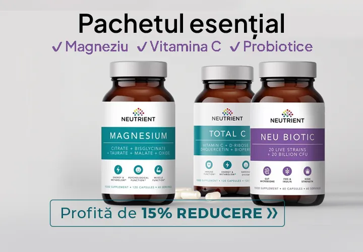  Pachetul esențial pentru zile mai bune! ✔ Magneziu ✔ Vitamina C ✔ Probiotice Acum cu 15% reducere!