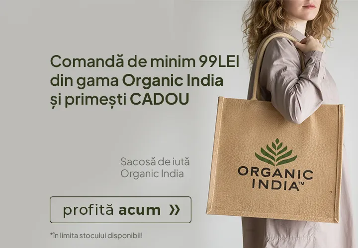 Organic India – Natura în echilibru cu tine! Comandă produse Organic India de minimum 99 lei și primești automat CADOU cea mai îndrăgită plăsuță de iută