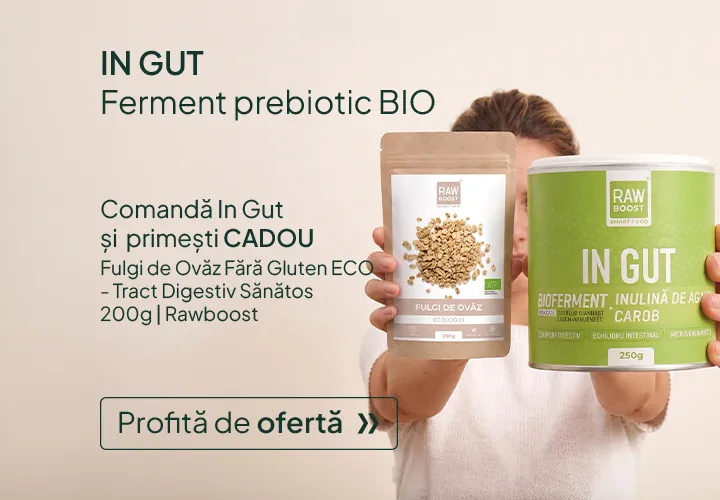 Hrănește binele din interior. IN GUT | Ferment prebiotic BIO Pentru microbiom. Pentru digestie. Pentru starea ta de bine. Comandă In Gut și  primești CADOU Fulgi de Ovăz Fără Gluten ECO - Tract Digestiv Sănătos, 200g | Rawboost