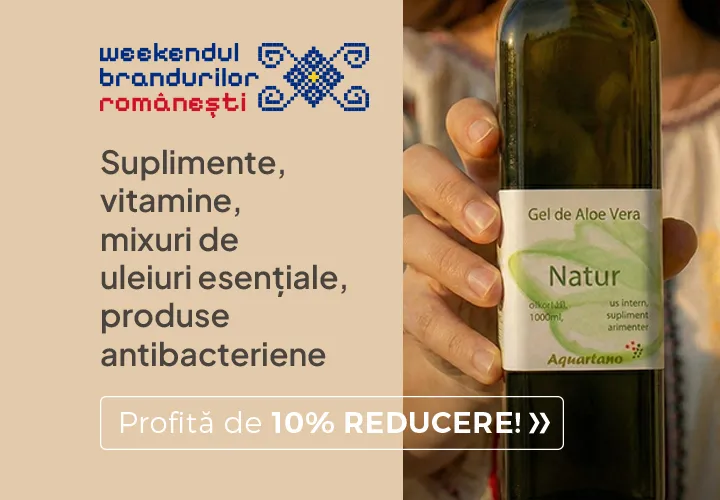 Suplimente, vitamine, mixuri de uleiuri esențiale, produse antibacteriene... toate 100% naturale! Fabricate în România! 10% REDUCERE! Suplimente, vitamine, mixuri de uleiuri esențiale, produse antibacteriene... toate 100% naturale! Fabricate în România! 10% REDUCERE!