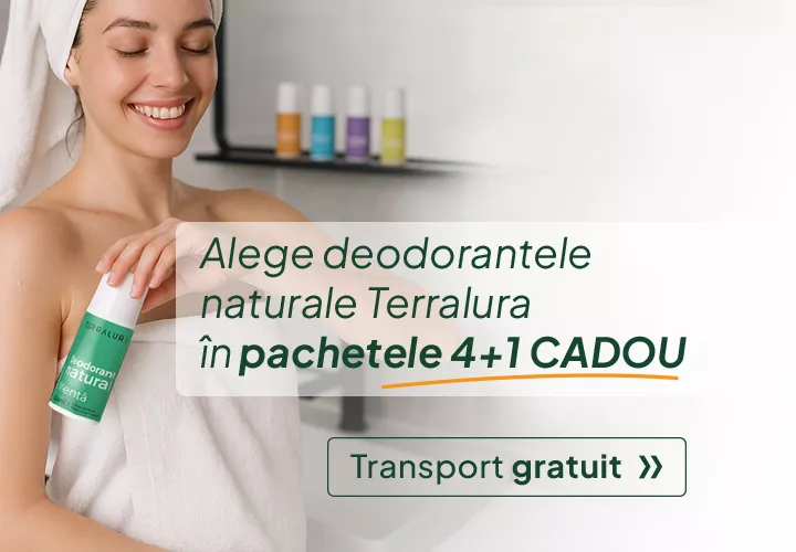 Alege deodorantele naturale Terralura în pachetele 4+1 CADOU + Transport Gratuit! Profită acum!