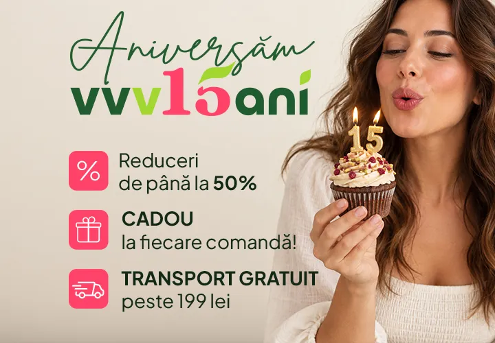 Sărbătorim 15 ani de Viața Verde Viu! Reduceri de până la 50% CADOU la fiecare comandă! TRANSPORT GRATUIT peste 199 lei!