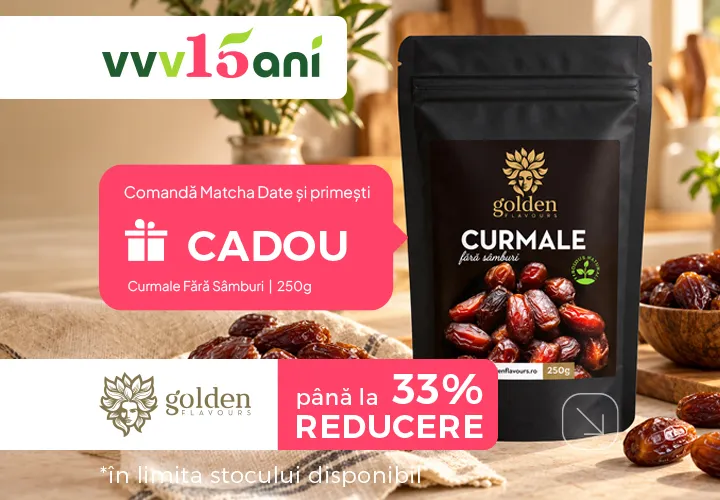 Energie și Focus până la ultimul task! Până la 33% REDUCERE + Comandă Matcha Date și primești CADOU Curmale Fără Sâmburi, 250g| Golden Flavours *În limita stocului disponibil!