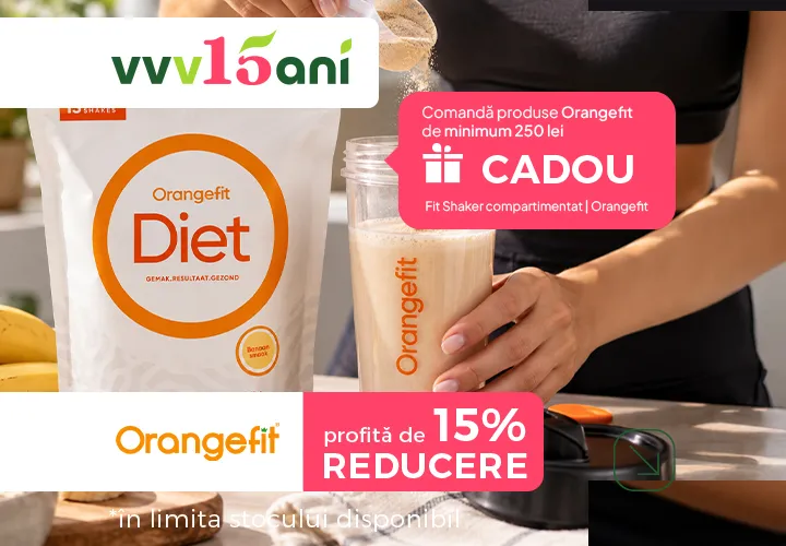 Orangefit - pentru o lume mai fit! 15% REDUCERE+ Comandă produse Orangefit de minimum 250 lei Primești CADOU Fit Shaker compartimentat | Orangefit *în limita stocului disponibil