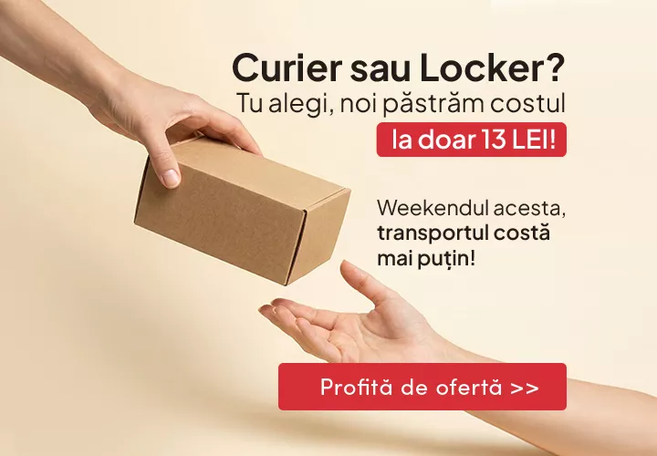 Comandă produsele tale preferate și alege livrarea care ți se potrivește. Curier sau Locker? Tu alegi, noi păstrăm costul la doar 13 LEI! Profită de ofertă!