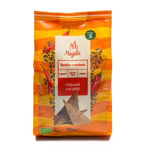 Tortilla crackers cu chia și chilli, bio, vegan, fără gluten, 100g | Migibi 