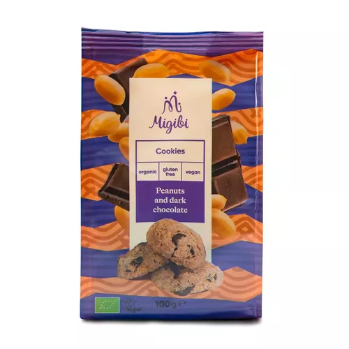 Cookies cu arahide și ciocolată neagră, bio, vegan, fără gluten 100g |Migibi 