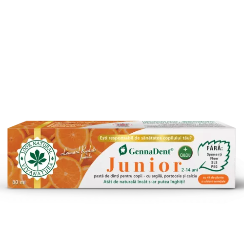 GennaDent Junior Portocale – Pastă de Dinți Naturală pentru Copii cu Argilă și Portocale, fără Fluor, 80 ml | Vivanatura