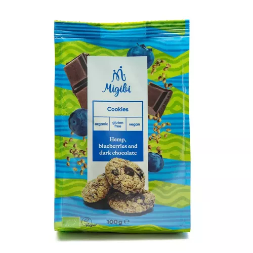 Cookies cu cânepă, afine și ciocolată neagră, bio, vegan, fără gluten, 100g | Migibi 