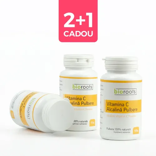 Pachet 2+1 Gratis Vitamina C Alcalină pulbere 100% naturală, 100g | Bioroots