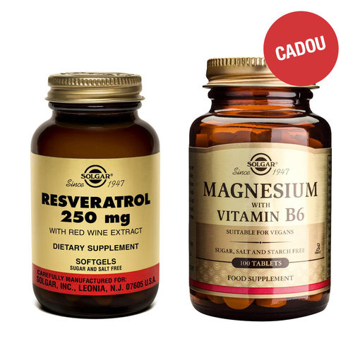 Pachet Resveratrol 250 mg cu Extract de Vin Roșu, 30 capsule + CADOU Magnesium + B6, 100 tablete | Solgar