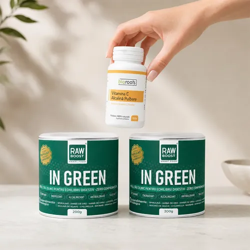 Pachet VITAMINIZANT - 2 x In Green 200g + Vitamina C Alcalină Pulbere Bioroots Pachet VITAMINIZANT - 2 x In Green 200g + Vitamina C Alcalină Pulbere Bioroots