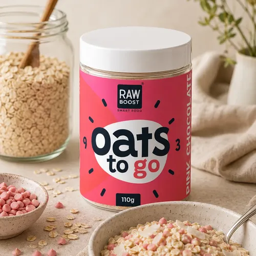 Oats To Go - Pink Chocolate - Mix cu Fulgi de Ovăz și Ciocolată Pink Drops, 110g | Rawboost