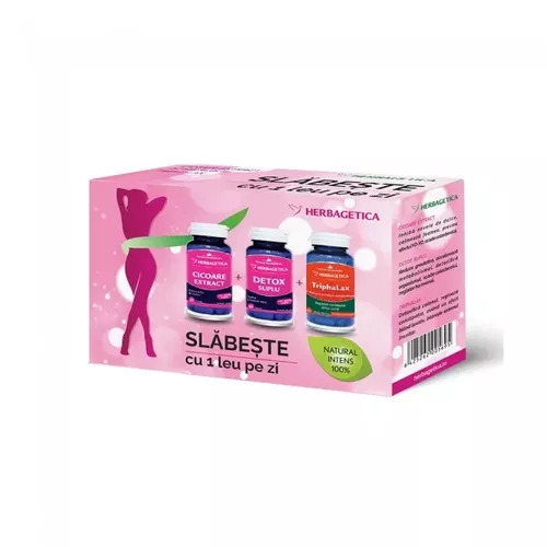 Slăbește cu 1 leu pe zi - Pachet pentru Slăbit - Cicoare Extract + Detox Suplu + Triphalax, 3x60 capsule | Herbagetica