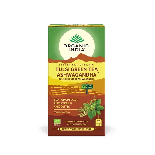 Ceai Tulsi Ashwagandha și Ceai Verde, Adaptogen & Anxiolitic, 25pl ECO | Organic India
