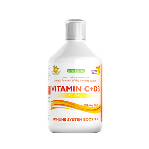 Vitamina C Lichidă 1000 Mg + Vitamina D3 + Zinc – Produs Vegan, Culoare și Aromă 100% Naturală, 500 ml | Swedish Nutra