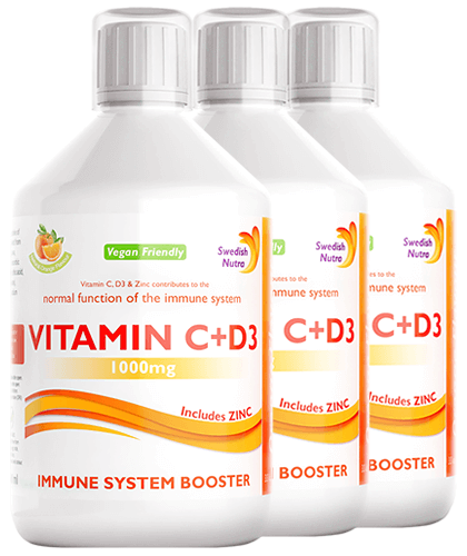 Pachet 3 x Vitamina C Lichidă 1000 Mg + Vitamina D3 + Zinc – Produs Vegan, Culoare și Aromă 100% Naturală, 500 ml | Swedish Nutra