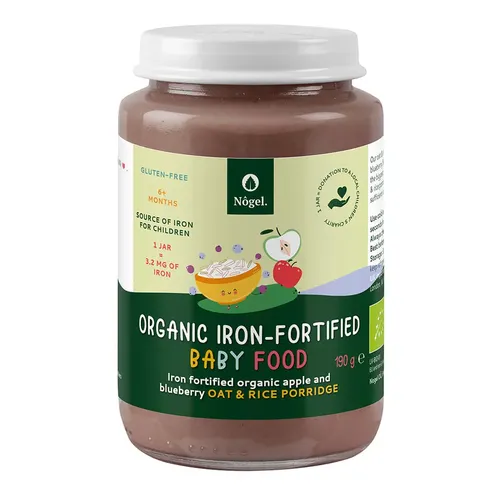 Pachet 1+1 CADOU Terci de Ovăz și Orez Bio cu Mere, Afine și Adaos de Fier Organic, 6+ Luni, 190 g | Nôgel.