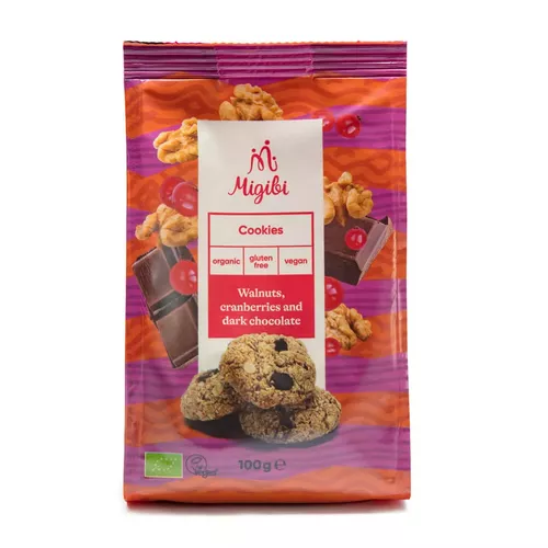 Cookies cu nuci, merișoare și ciocolată neagră, bio, vegan, fără gluten, 100g | Migibi Pret Mic Migibi imagine noua