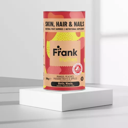 Skin, Hair & Nails – Drajeuri din fructe (Mango, Piersici, Fructul Pasiunii și Măr) fortificat cu Biotina, Niacină, Iod și Vitamina A – 200g (80 drajeuri) | Frank Fruities Pret Mic Frank Fruities imagine noua