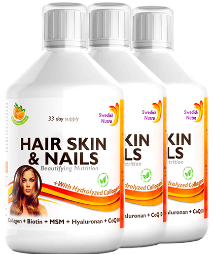 Pachet 3 x Hair Skin & Nails – Colagen Lichid Hidrolizat 1000mg + 27 Ingrediente Active, 500 ml | Swedish Nutra