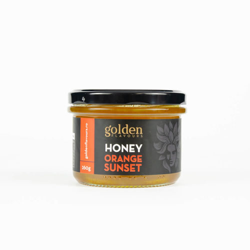 Miere bio cu portocală, piersică și turmeric ORANGE SUNSET, 260g | Golden Flavours