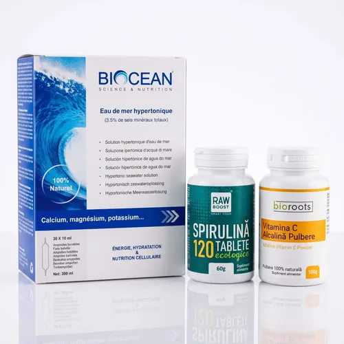 Pachet Complet pentru Imunitate, Energie și Hidratare Celulară – Plasmă marină + Spirulină + Vitamina C Alcalină