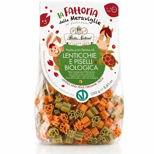 Paste BIO pentru copii cu linte roșie și mazăre verde, fără gluten, 250g | Pasta Natura