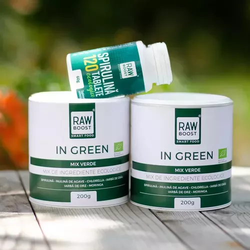 Pachet Detoxifiant - 2x In Green, Mix Verde Antibalonare + Cadou Spirulina 120 Tablete Ecologice | Rawboost