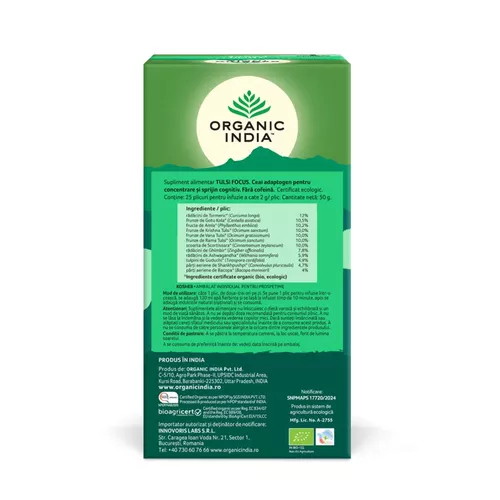 Ceai Tulsi Focus, Amestec Adaptogen pentru Concentrare si Sprijin Cognitiv, 25pl | Organic India