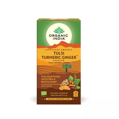 Ceai Tulsi Adaptogen Turmeric Si Ghimbir, 25pl Eco | Organic India Turmeric