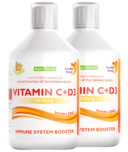 Pachet 2 x Vitamina C Lichidă 1000 Mg + Vitamina D3 + Zinc – Produs Vegan, Culoare și Aromă 100% Naturală, 500 ml | Swedish Nutra 100% Promoţii şi Pachete