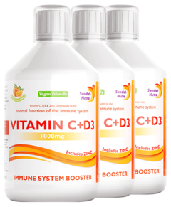 Pachet 3 x Vitamina C Lichidă 1000 Mg + Vitamina D3 + Zinc – Produs Vegan, Culoare și Aromă 100% Naturală, 500 ml | Swedish Nutra